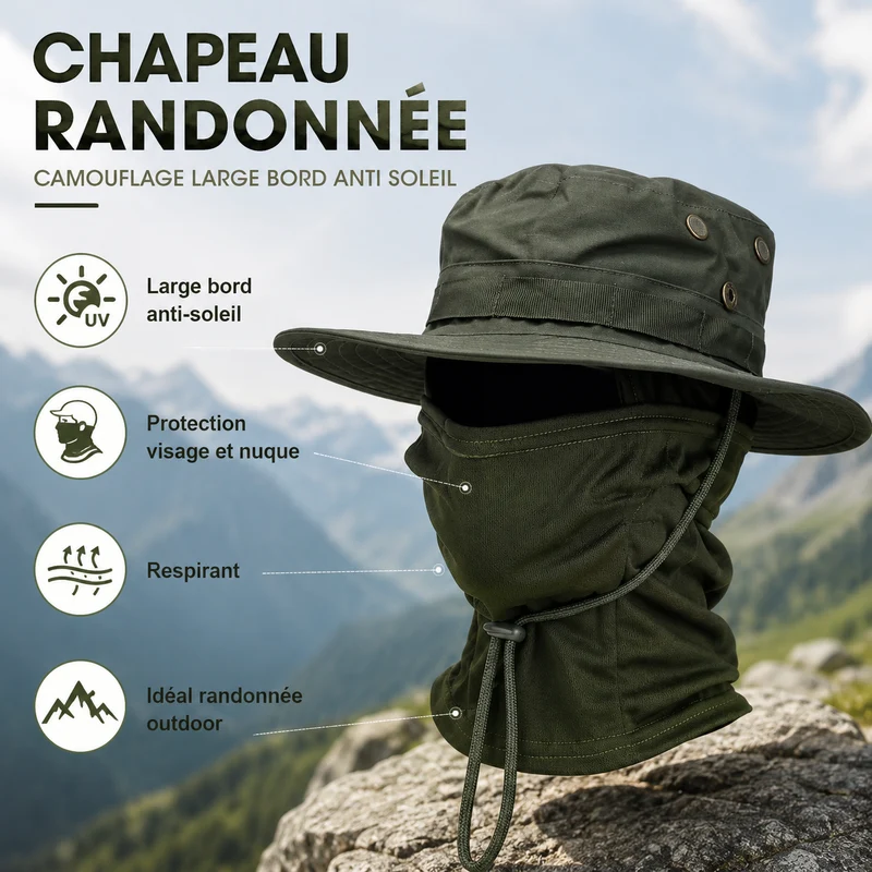 Chapeau randonnée motif kaki large bord anti soleil