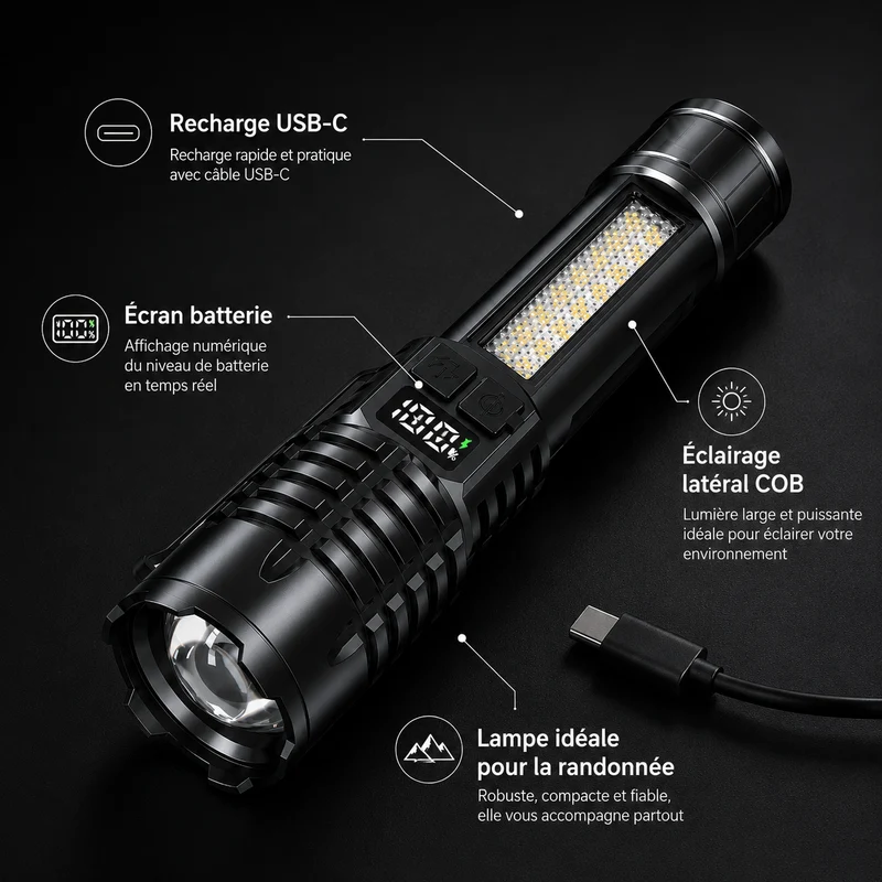 Lampe torche LED avec éclairage latéral randonnée