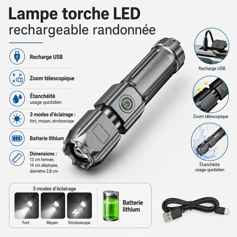 Lampe torche LED rechargeable randonnée
