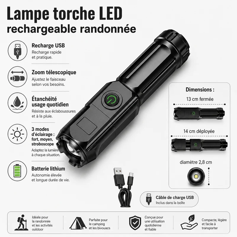 Lampe torche LED rechargeable randonnée