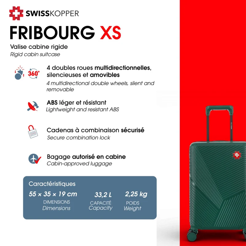 Lot de 3 Valises Rigides Grand Format, Taille Moyenne et Cabine XS FRIBOURG