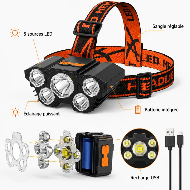 Lampe frontale LED multi lampes randonnée