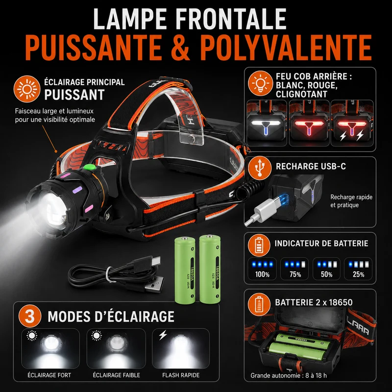 Lampe frontale LED ultra puissante randonnée