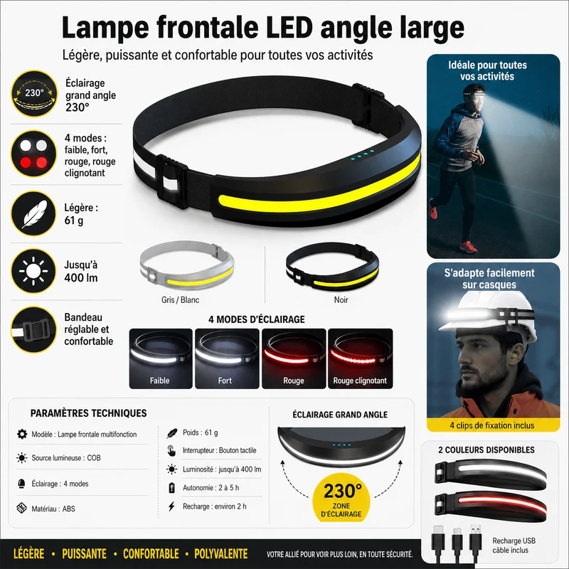 Lampe frontale LED angle large randonnée