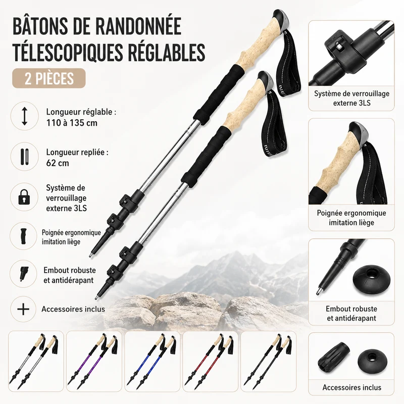 Bâtons de randonnée télescopiques réglables 2 pièces