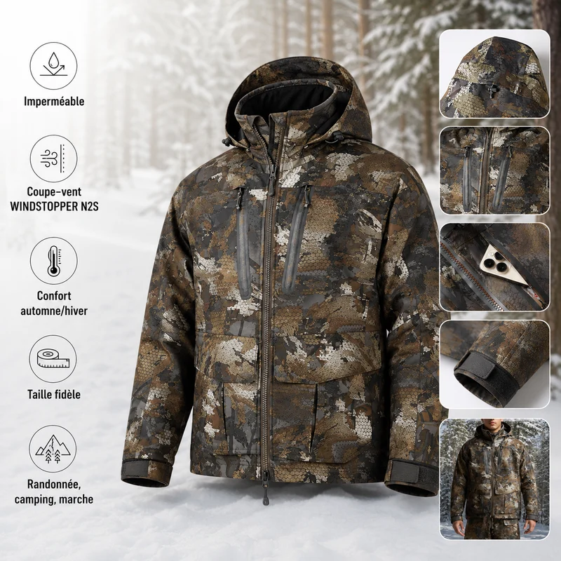 Veste randonnée homme motif kaki imperméable hiver