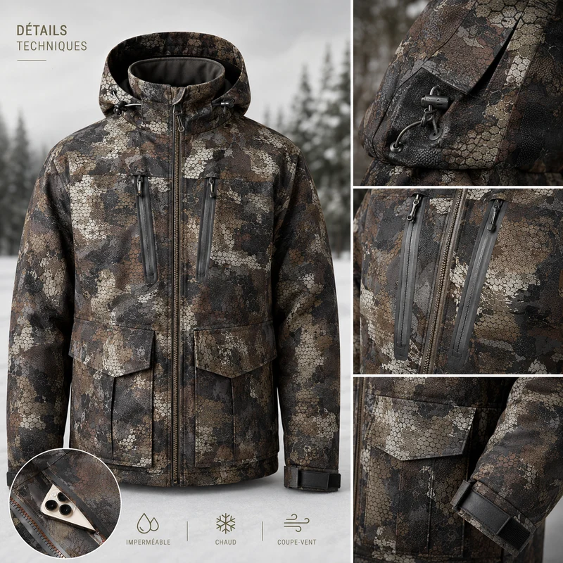 Veste randonnée homme motif kaki imperméable hiver