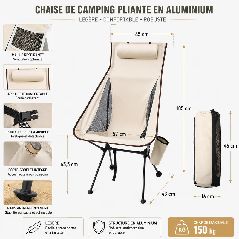 Chaise de camping pliante aluminium randonnée