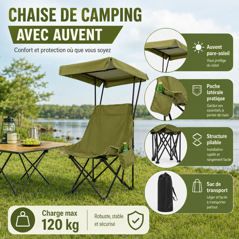 Chaise de camping pliante avec auvent randonnée