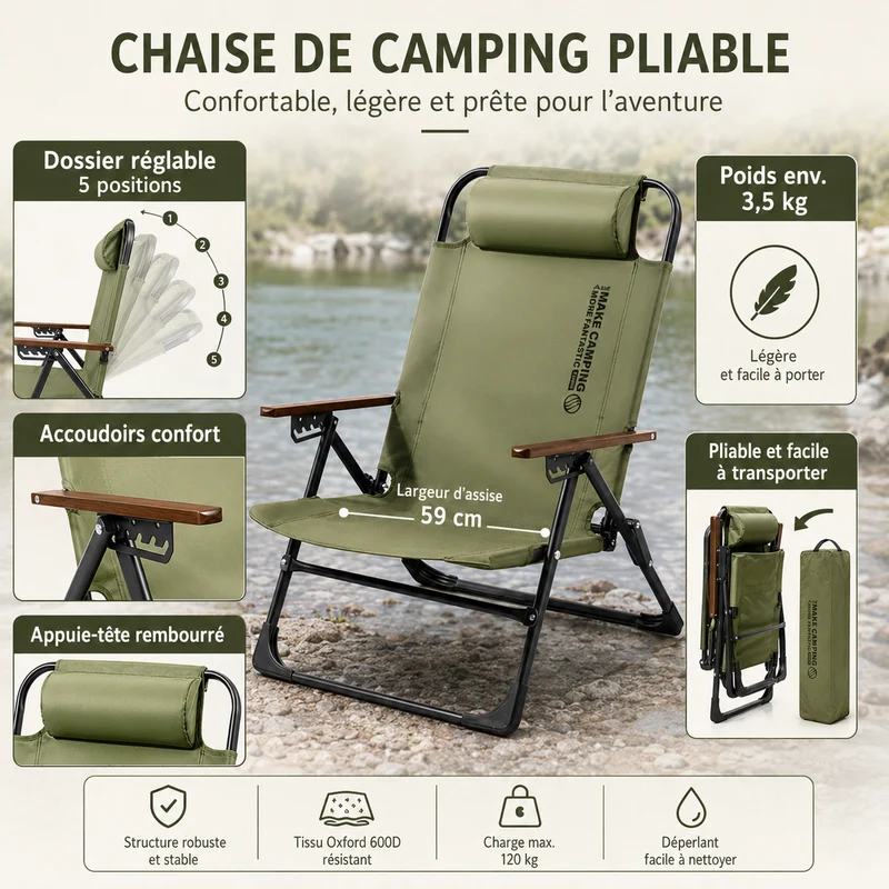 Chaise de camping pliante avec accoudoirs randonnée