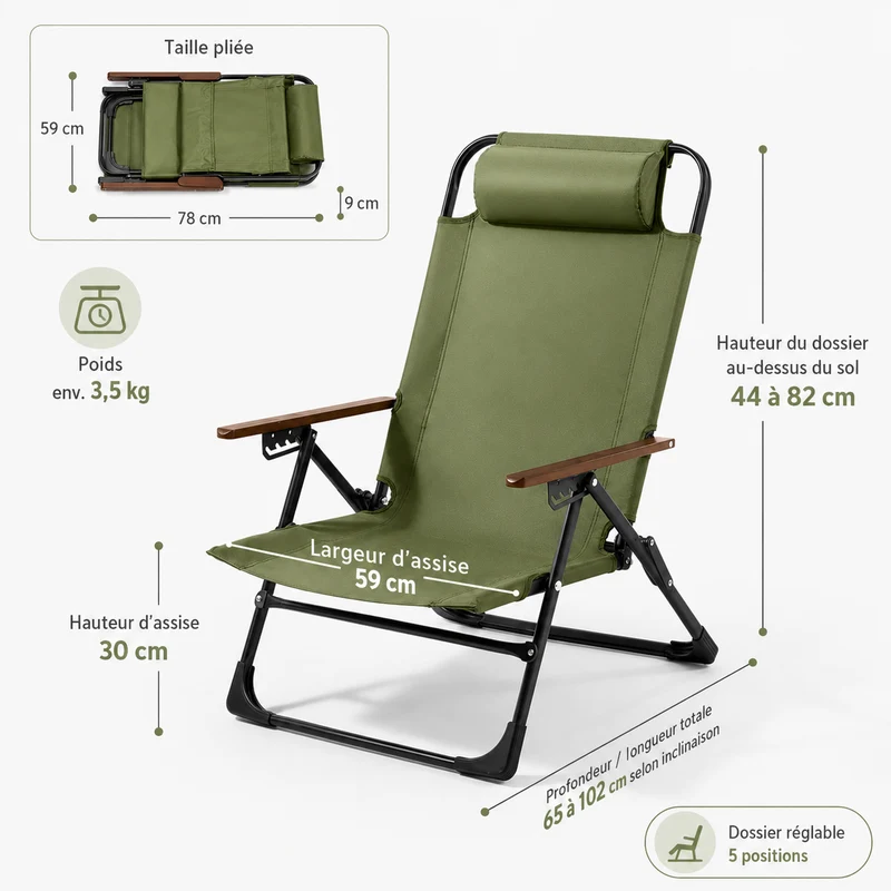 Chaise de camping pliante avec accoudoirs randonnée