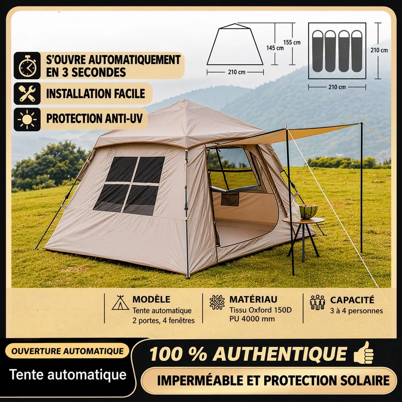 Tente camping randonnée automatique 3-4 personnes