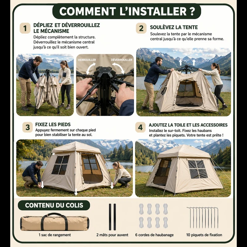 Tente camping randonnée automatique 3-4 personnes