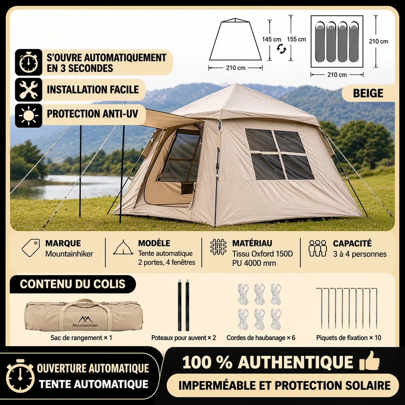 Tente camping randonnée automatique 3-4 personnes