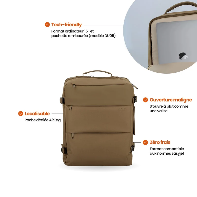 Sac à dos de voyage cabine 45x35x20 - Dunaa Jump | Compatible Easyjet