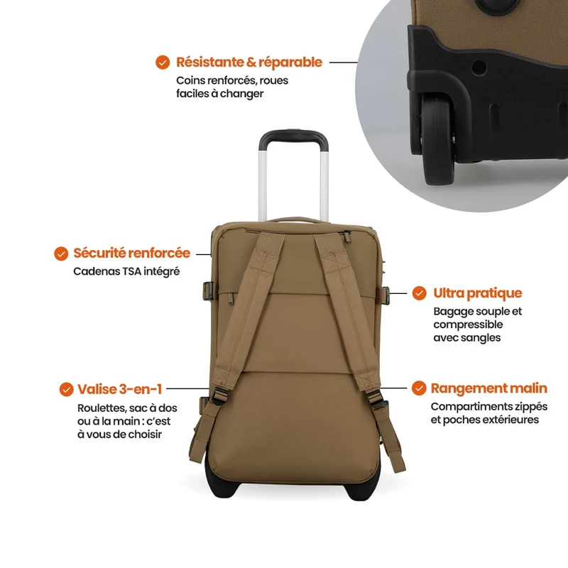 Sac de voyage Cabine 2 roues 55x35x20 cm - Dunaa Jump | 3 en 1 avec bretelles amovibles