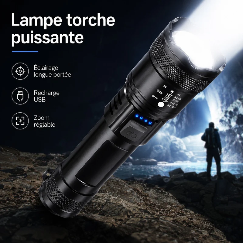 Lampe torche puissante LED zoom randonnée