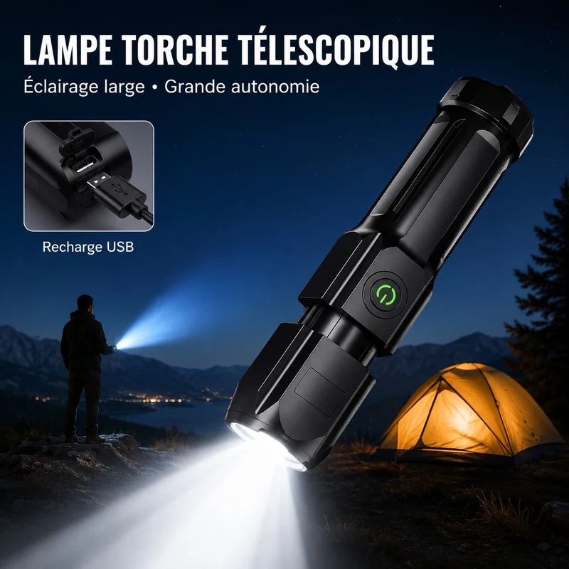 Lampe torche LED zoom rechargeable randonnée