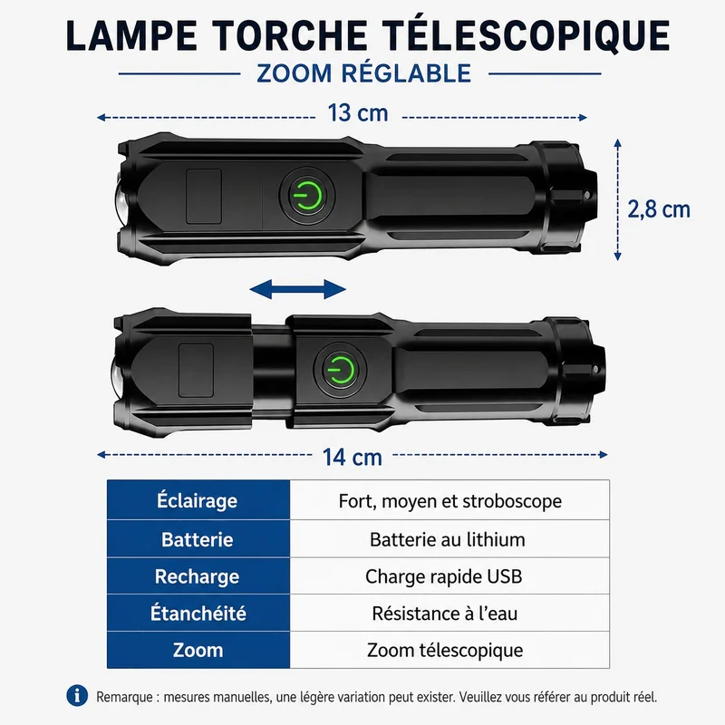 Lampe torche LED zoom rechargeable randonnée