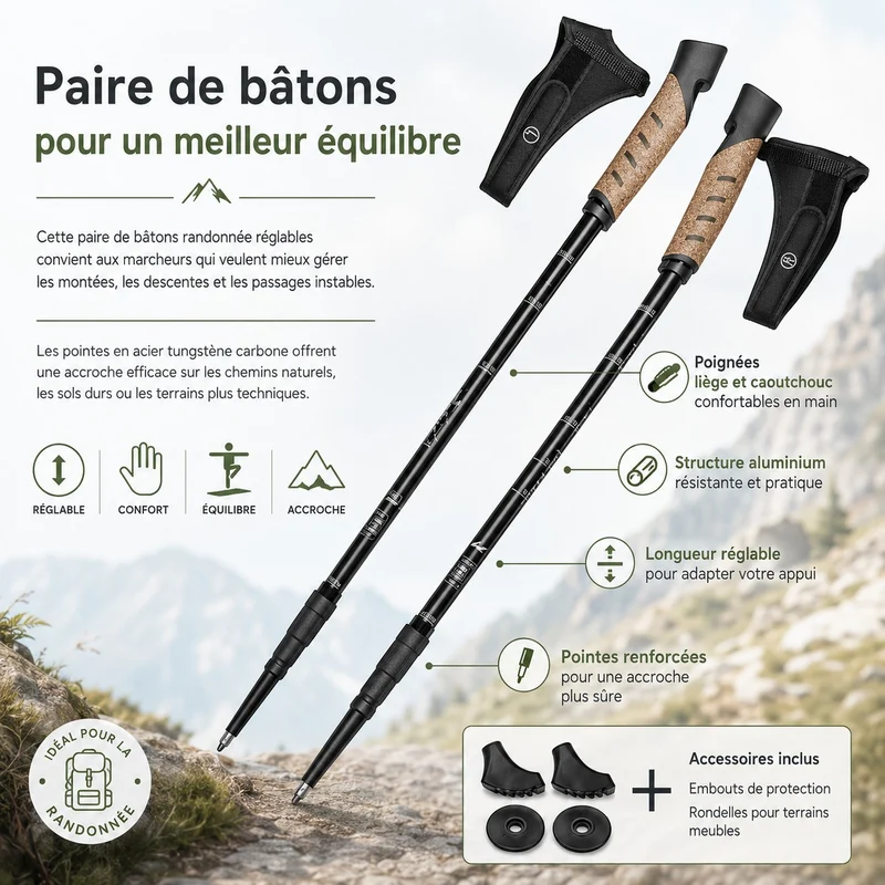 Bâtons de randonnée télescopiques aluminium réglables 2 pièces