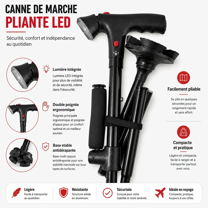 Canne de randonnée réglable avec éclairage LED