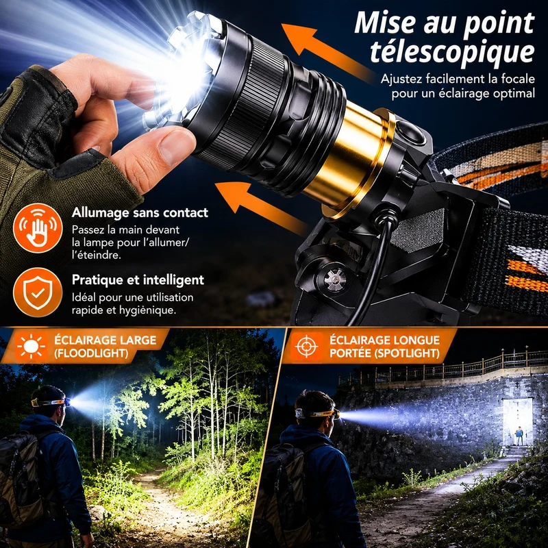 Lampe frontale LED longue portée randonnée