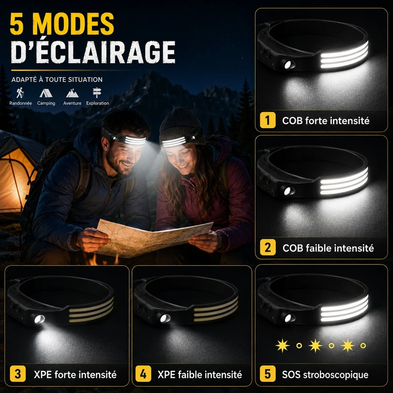 Lampe frontale LED puissante randonnée