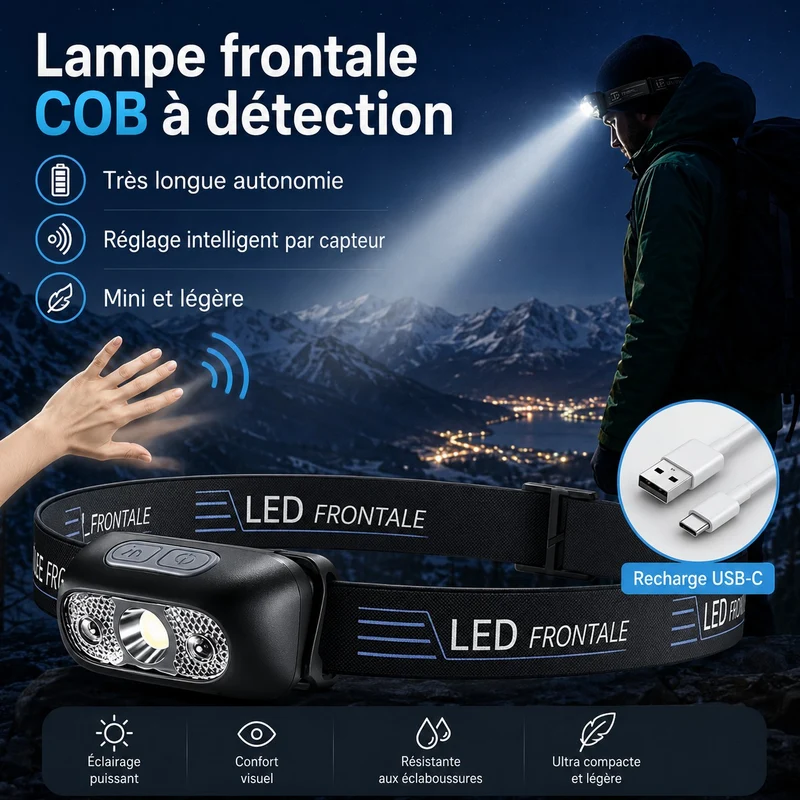 Lampe frontale LED étanche randonnée