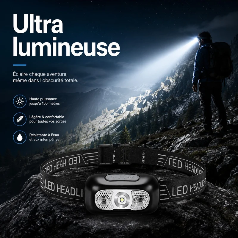 Lampe frontale LED étanche randonnée
