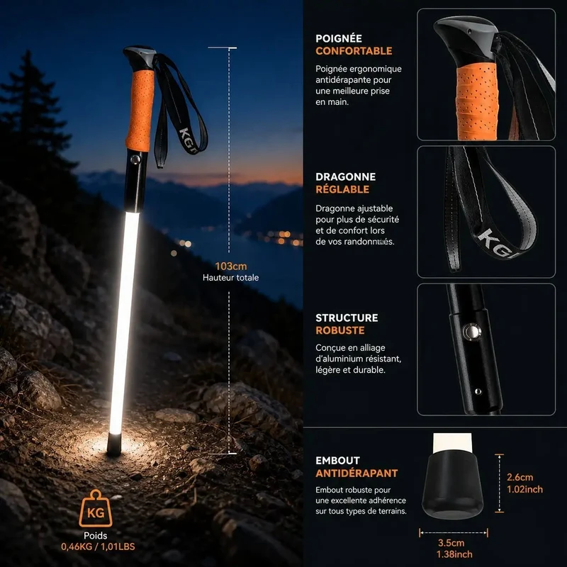 Bâton de randonnée LED pour marche nocturne