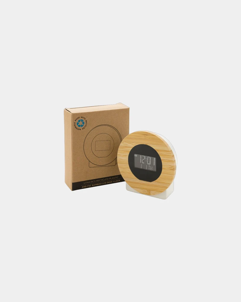 Horloge bureau en bambou et plastique recyclé à personnaliser