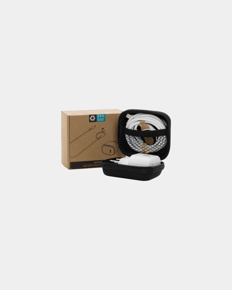 Set câble et chargeur 20W en PET recyclé à personnaliser