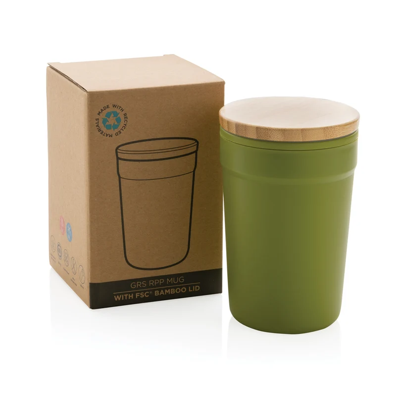 Mug 300ml PP recyclé GRS avec couvercle en bambou à personnaliser